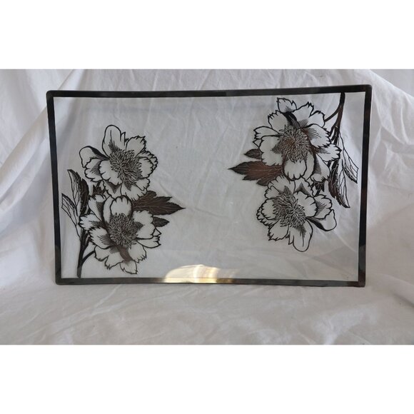 Vintage 1950's Gold Leaf Glass Floral Serving Tray With Gold Rim Rectangle Shape - Picture 1 of 3
